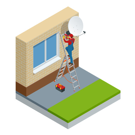 Isometric male technician in uniform installing TV Satellite dish on wall. Adjustment of a satellite plate. Vector illustrationのイラスト素材
