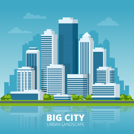 Vector concept city and suburban life. City street, large modern buildings, cityscape, cars. Urban landscape.のイラスト素材