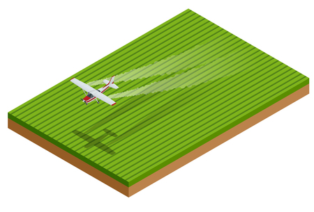 Isometric A spray plane or crop duster applies chemicals to a field of crops.のイラスト素材