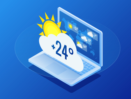 Isometric Current weather condition and meteorological forecast. Weather condition news report climate forecasting meteorology temperature concept.のイラスト素材