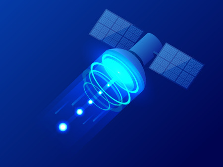 Isometric GPS satellite. Wireless satellite technology. World global net. Equipment for satellite TV and radio broadcasting. Vector illustrationのイラスト素材