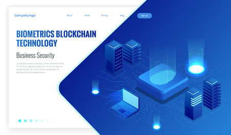 Isometric Biometrics Blockchain Technology and Finger Print Scanning Identification System. Biometric Authorization and Business Security Concept.のイラスト素材