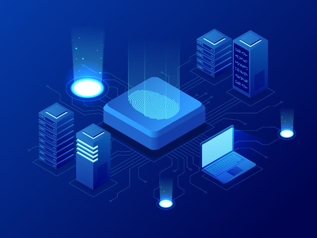 Isometric Biometrics Blockchain Technology and Finger Print Scanning Identification System. Biometric Authorization and Business Security Concept.のイラスト素材