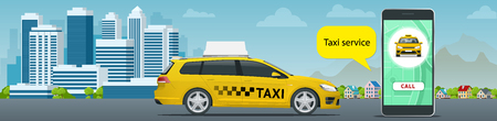 Online Taxi-service concept. Man orders a taxi from his cell phone. Taxi service application on screen. Vector business card template.のイラスト素材