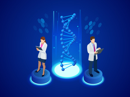 Isometric Digital DNA structure in blue background. Science concept. DNA sequence, Nanotechnology vector illustration.のイラスト素材