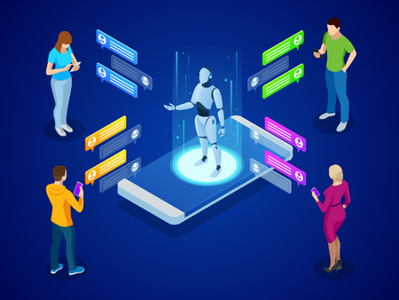 Isometric artificial intelligence. AI and business IOT concept. Mans and women chatting with chatbot application.の写真素材