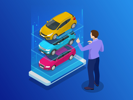 Isometric buy a car or rental a car online design web banner. Used cars app vector illustration.のイラスト素材