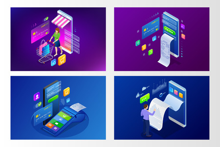 Isometric Smart smartphone online shopping concept. Smartphone turned into internet shop. Mobile marketing and e-commerce. Vector illustration.のイラスト素材