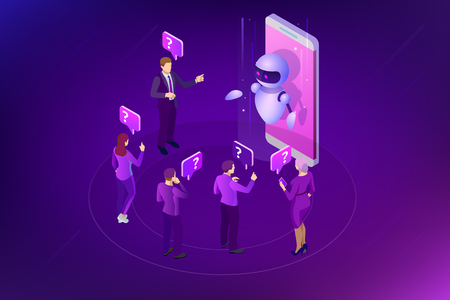 Isometric artificial intelligence. Chat bot and future marketing. AI and business IOT concept. Mans and women chatting with chatbot application. Dialog help service. Vector illustration.のイラスト素材