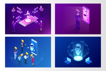 Isometric artificial intelligence. Chat bot and future marketing. AI and business IOT concept. Mans and women chatting with chatbot application. Dialog help service. Vector illustration.のイラスト素材