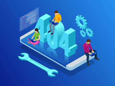 Website under construction page. Isometric error 404 page layout vector design. Website 404 page creative concept. The page you requested could not be found.のイラスト素材