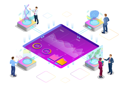 Isometric Big Data Network visualization, advanced analytics, interacting Data analysis, research, audit, demographics, Artificial Intelligence, planning, statistics, digital DNA structure, managementのイラスト素材