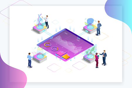 Isometric Big Data Network visualization, advanced analytics, interacting Data analysis, research, audit, demographics, Artificial Intelligence, planning, statistics, digital DNA structure, managementのイラスト素材