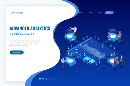 Isometric Big Data Network visualization, advanced analytics, interacting Data analysis, research, audit, demographics, Artificial Intelligence, planning, statistics, digital DNA structure, managementのイラスト素材