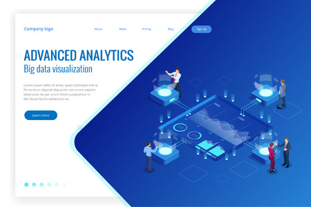Isometric Big Data Network visualization, advanced analytics, interacting Data analysis, research, audit, demographics, Artificial Intelligence, planning, statistics, digital DNA structure, managementのイラスト素材