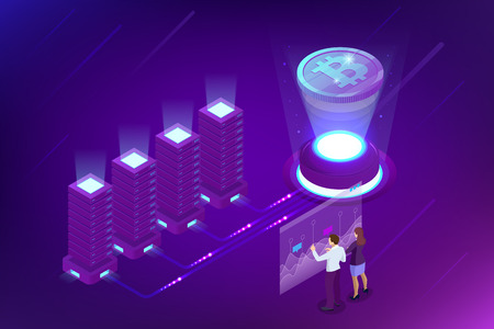 Isometric bitcoin mining concept. Cryptocurrency and Blockchain concept. Farm for mining bitcoins. Digital money market, investment, finance and trading. Vector illustration.のイラスト素材