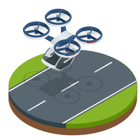 Isometric modern futuristic air passenger transport. Air taxi. Modern unmanned electric aircraft isolated on white background. Vector illustrationのイラスト素材