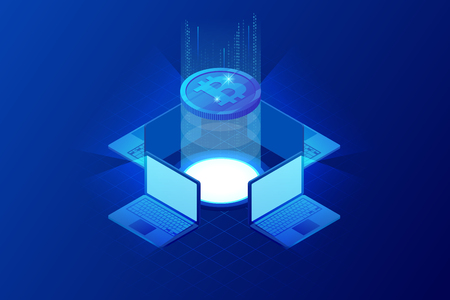 Isometric bitcoin mining concept. Cryptocurrency and Blockchain concept. Farm for mining bitcoins. Digital money market, investment, finance and trading. Vector illustrationのイラスト素材