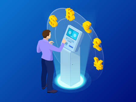 Isometric modern Bitcoin ATM. Cryptocurrency cash dispenser. Buying and selling bitcoins, one of new era cryptocurrency. Vector Illustrator.のイラスト素材