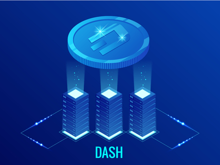 Isometric DASH Cryptocurrency mining farm. Blockchain technology, cryptocurrency and a digital payment network for financial transactions. Abstract blue background.のイラスト素材