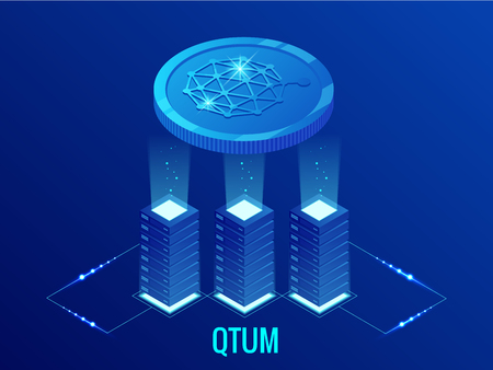 Isometric QTUM Cryptocurrency mining farm. Blockchain technology, cryptocurrency and a digital payment network for financial transactions. Abstract blue background.の写真素材