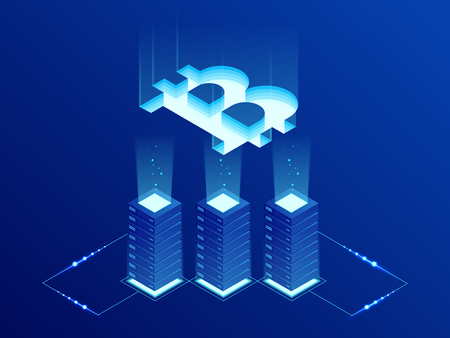 Isometric Bitcoin BIT Cryptocurrency mining farm. Blockchain technology, cryptocurrency and a digital payment network for financial transactions. Abstract blue background.のイラスト素材