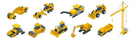 Isometric icons set of construction equipment and machinery with trucks crane and bulldozer. Isolated vector Building machines for construction illustration on whiteのイラスト素材