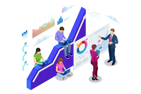 Isometric web banner Data Analisis and Statistics concept. Vector illustration business analytics, Data visualization. Technology, Internet and network concept. Data and investmentsのイラスト素材