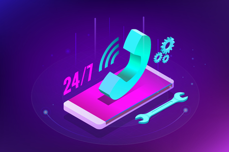 Web page design templates for call center support 24-7. Isometric 24 hours open customer service. Vector illustration Customer Service, Support or CRM.のイラスト素材