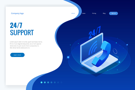 Web page design templates for call center support 24-7. Isometric 24 hours open customer service. Vector illustration Customer Service, Support or CRM.のイラスト素材