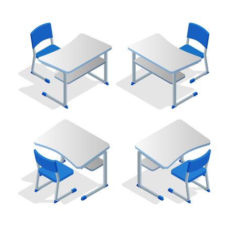Isometric set of school or college desk table with chair isolated on white background. Teaching class. Students and pupils. Furniture for schoolのイラスト素材