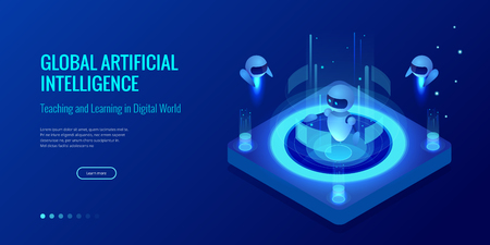 Isometric Artificial Intelligence concept. Technology and engineering. Teaching and Learning in Digital World. Digital and technology background. Vector illustrations.のイラスト素材