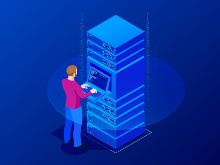 Isometric server room and big data processing concept. Man system administrator, data protection....
