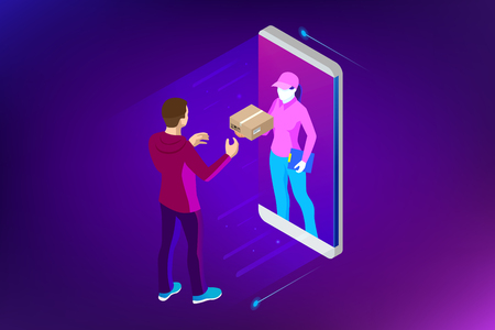 Isometric Fast Delivery Service, Online Delivery, Online Shopping, Finance Instrument web banner concept. Modern vector illustration foe website or lending.のイラスト素材