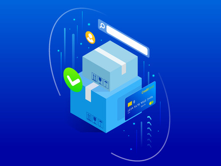 Isometric Fast Delivery Service, Online Delivery, Online Shopping, Finance Instrument web banner concept. Modern vector illustration foe website or lending.のイラスト素材