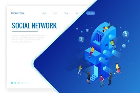 Isometric social media or social network concept. Internet marketing, like and message icons, chatting. People using a smart phone, tablet and laptop for working or playing social network, websiteのイラスト素材