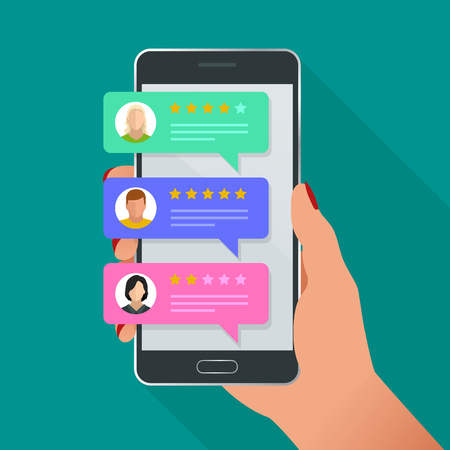 Customer reviews. Review rating on mobile phone, feedback vector illustration. Reading customer review in smart phone before buying productsのイラスト素材