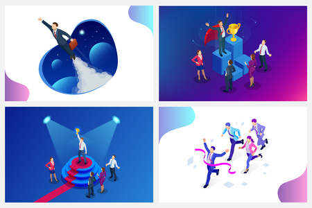 Isometric design for business startup web banner. Start up. Income and success. Digital transformation. Technology Future. Businessman in space, concept for creativity, imagination, innovation.のイラスト素材