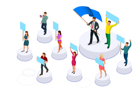 Isometric crowd of people protesters. Male and female protesters or activists. Holding banners and placards. Men and women taking part in political meeting, parade or rally. Vector illustration.のイラスト素材