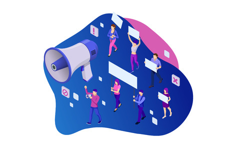 Isometric crowd of people protesters. Male and female protesters or activists. Holding banners and placards. Men and women taking part in political meeting, parade or rally. Vector illustration.のイラスト素材