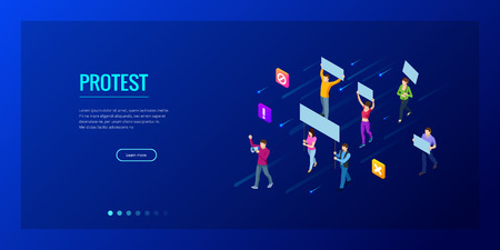 Isometric crowd of people protesters. Male and female protesters or activists. Holding banners and placards. Men and women taking part in political meeting, parade or rally. Vector illustration.のイラスト素材