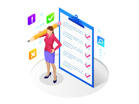 Isometric businesswoman with checklist and to do list. Clipboard with a checklist. Project management, planning and keeping score of the completed tasks conceptのイラスト素材