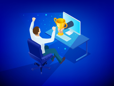 Isometric online award goal achievement, reward from computer concept.の写真素材