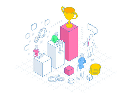 Isometric Team success and Teamwork in outline. Flat design style web banners for business workflow and success, project management, team buildingのイラスト素材