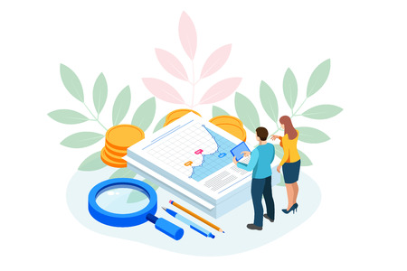 Isometric Analysis data and Investment. Stack of documents with an official stamp and pencils in a glass. Creative landing page design template.のイラスト素材