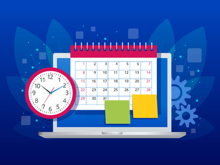 Flat weekly schedule and calendar planner organization management. Online app on laptop business workflow, time management, planning, task app, teamwork and meeting.のイラスト素材