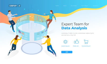 Expert Team for Data Analysis. Isometric Business Data Analytics process management or intelligence dashboard on the virtual screen. Template for website, landing pageのイラスト素材