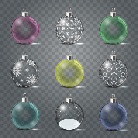 Glass Christmas toys set on a transparent background. Template shiny toy with silver glow. Vector illustration. Isolated objectのイラスト素材