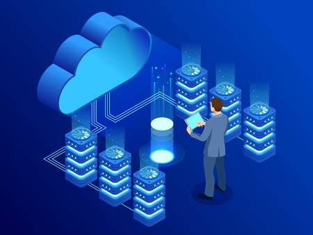 Isometric modern cloud technology and networking concept. Web cloud technology business. Internet data services vector illustration.のイラスト素材