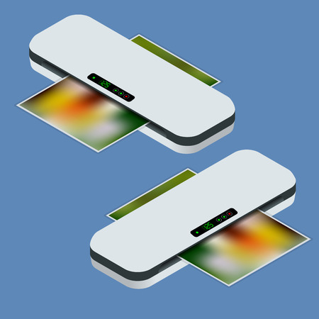 Isometric format colour printers, document laminating machine isolated on whiteの写真素材